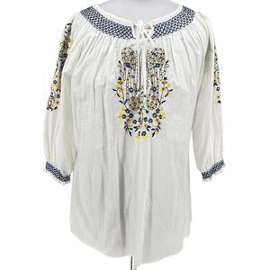 Multiples Plus SZ 1X Women's White Cotton Peasant Blouse Blue, Yellow Embroidery